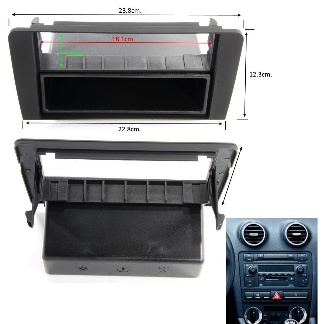 RAM AUDI A3 2003- 2DIN BOX Рамка за автомобилно радио AUDI A3 2003- 2DIN-1DIN с рафт